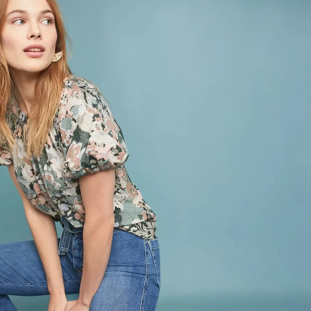 Anthropologie Maeve Linen Puff Sleeved Top in Green Floral - XL - Picture 2 of 11